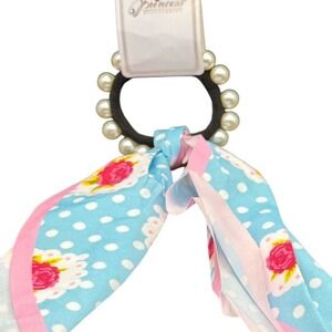 Princess Accessories Pearl Beaded Hair Tie Scarf Blue Floral Polka Dot NWT